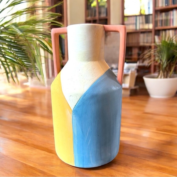 COCOLORIST Ceramic Vase w/ Handles Blue Yellow Cream - Handmade - Picture 1 of 12